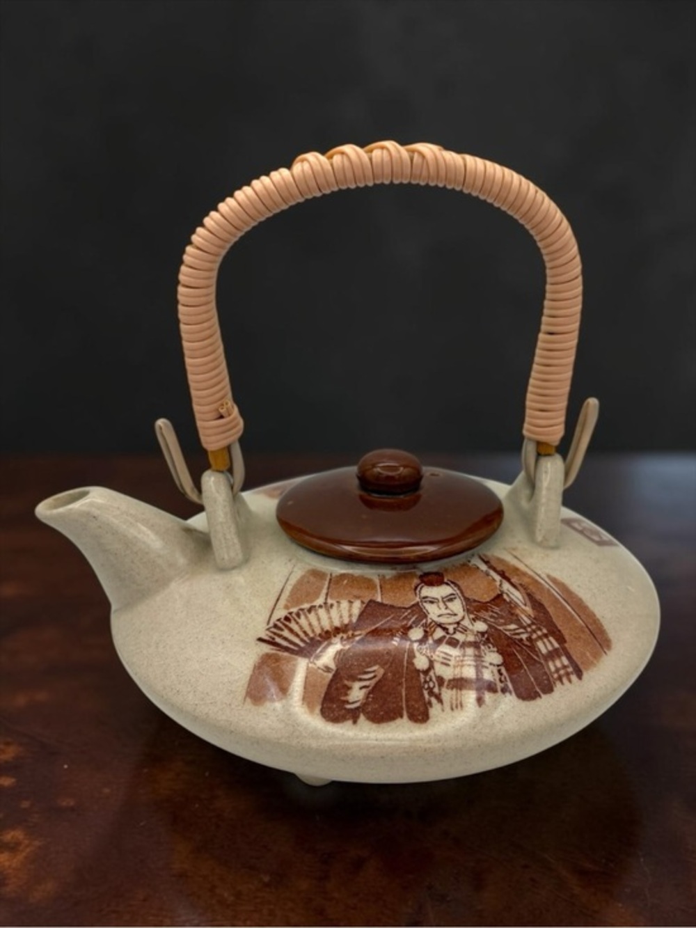 Vintage MCM 1960s Made in Japan Ceramic Teapot w/ Bamboo Handle & Geisha Design